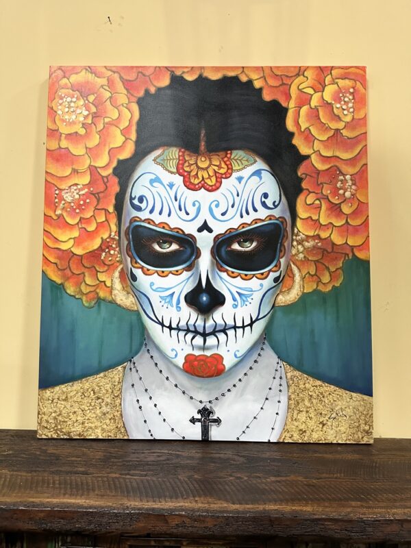 Pintura Catrina dia de los muertos. Con flores maravilla